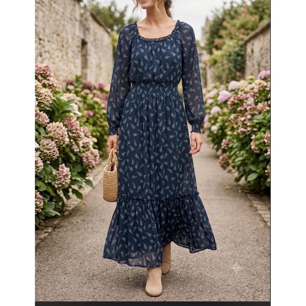 Knox Rose Navy Blue Floral Smocked Waist Maxi Dress Womens XS Long Sleeve Boho - Picture 1 of 9